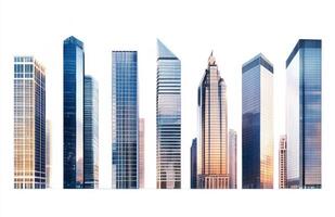 Modern skyscrapers in a city skyline during sunset glow photo