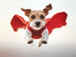 Dog in a red cape flying through the air during sunset photo