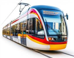 Modern light rail train approaching station on sunny day photo