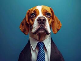 Dog dressed in formal attire with tie against blue background photo