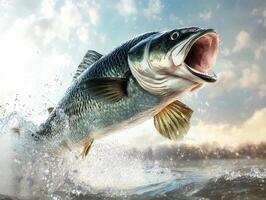 Bass leaps from water under a vibrant sky during sunset photo