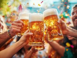 Celebrating with friends at a summer festival, toasting with beer photo