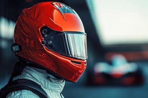 Race car driver in vibrant helmet at the racetrack during sunset photo