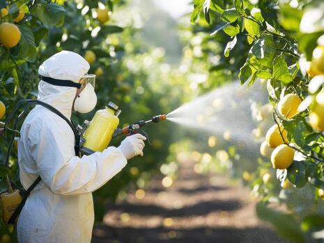 Farmer sprays lemon trees in orchard during bright daylight photo