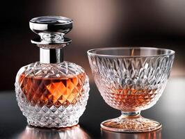 Elegant crystal decanter with a brandy glass on a dark surface photo