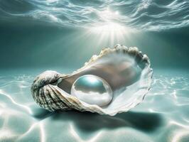 Beautiful pearl inside an open oyster shell in clear water photo