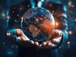 Hands holding a glowing globe with connected networks photo