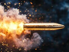 Bullet in motion surrounded by explosive flames and smoke photo