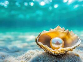 Beautiful pearl nestled inside an oyster shell under water photo