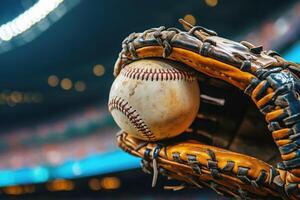 Baseball in glove ready for action at the stadium game photo