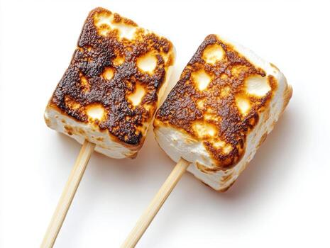 perfectamente tostado Malvaviscos en brochetas Listo para s'mores foto