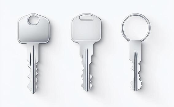 Silver keys arranged neatly on a plain white background photo