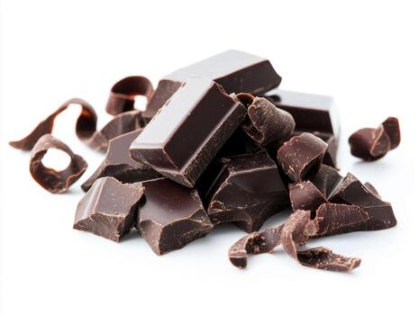 Dark chocolate pieces and curls arranged on a white background photo