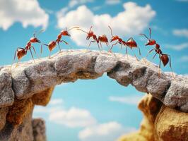 Ants crossing a stone bridge under a blue sky with clouds photo