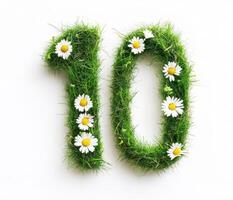 Number ten formed with grass and daisies for a nature-inspired theme photo