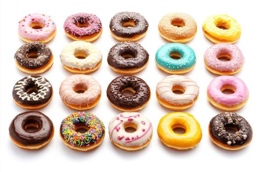 Colorful assortment of donuts arranged in a grid pattern photo