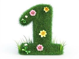 Decorative number one made of grass and flowers for celebrations photo