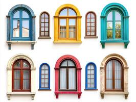 Colorful windows on a white wall create charming visual appeal photo