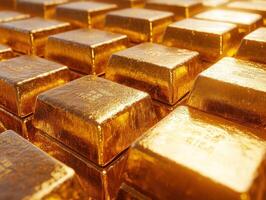 Gold bars stacked in a secure vault during daylight hours photo
