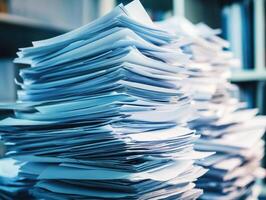 Stacked papers in a cluttered office environment photo