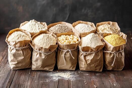 varios tipos de harina y granos desplegado en papel pantalones foto