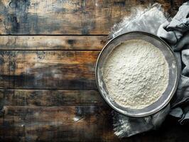 Sifting flour in a rustic kitchen setting for baking photo