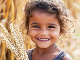 Smiling child holding wheat in rural farm during summer photo
