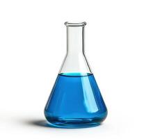 Blue liquid in laboratory glass flask on white table surface photo