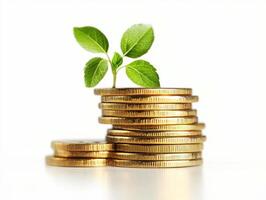 Growing investment with coins and a green plant on top photo