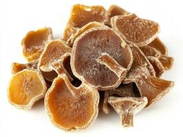 Dried medicinal mushrooms arranged on a light background photo