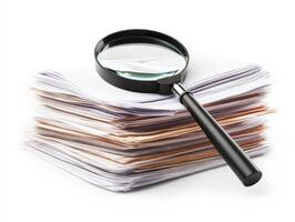 Magnifying glass resting on a stack of documents for review photo