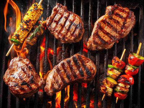 A la parrilla carnes y vegetales Cocinando terminado un abierto fuego foto