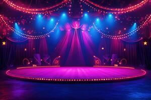 Vibrant circus stage illuminated with colorful lights at night photo