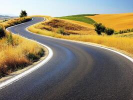 Winding road through golden fields in a serene landscape photo