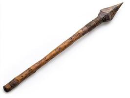 Handcrafted wooden spear with metal tip and intricate details photo