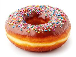 Chocolate donut with colorful sprinkles on a white background photo
