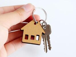 Keys held in hand with a wooden house-shaped keychain photo