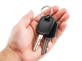 Hand holding car keys with keychain in natural light photo