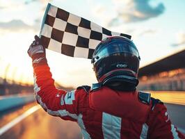 Racing driver celebrates victory with checkered flag at sunset photo