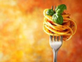 Delicious spaghetti with fresh basil on a fork with vibrant background photo