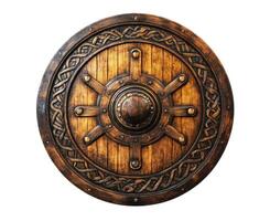 Detailed wooden shield with intricate patterns and metal accents photo