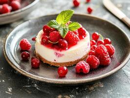 Delicious cheesecake topped with fresh raspberries and currants photo