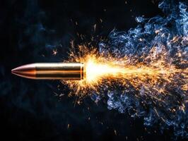 Bullet in motion with sparks and smoke in a dark background photo
