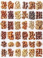 Various types of nuts and seeds arranged in an organized display photo