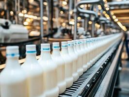 Milk bottles move along conveyor belt in dairy processing facility photo