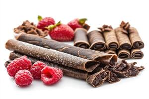 Chocolate rolled snacks and fresh berries on white backdrop photo