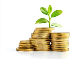 Green plant growing on stacked coins symbolizing financial growth photo