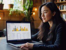Woman analyzing data on laptop in a cozy workspace photo
