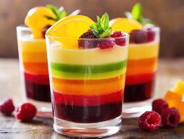 Colorful layered dessert cups with fruit and mint garnish photo