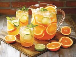 Refreshing citrus punch served in a pitcher with garnished glasses photo